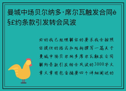 曼城中场贝尔纳多·席尔瓦触发合同解约条款引发转会风波 曼城中场贝尔纳多·席尔瓦触发合同解约条款引发转会风波