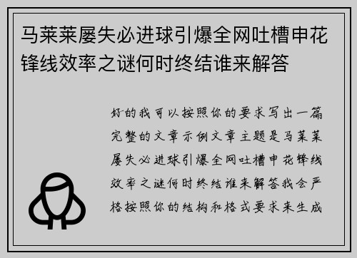 马莱莱屡失必进球引爆全网吐槽申花锋线效率之谜何时终结谁来解答