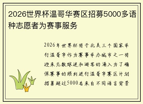 2026世界杯温哥华赛区招募5000多语种志愿者为赛事服务