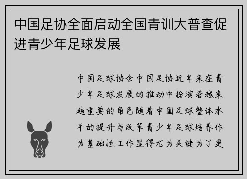中国足协全面启动全国青训大普查促进青少年足球发展