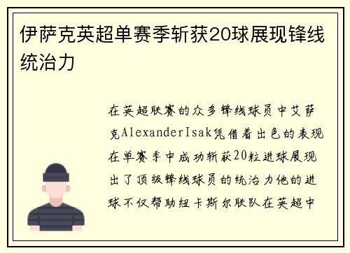伊萨克英超单赛季斩获20球展现锋线统治力